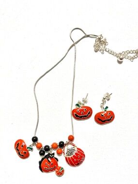 Halloween Jack-o’-lantern Enamel Necklace and Earrings Set